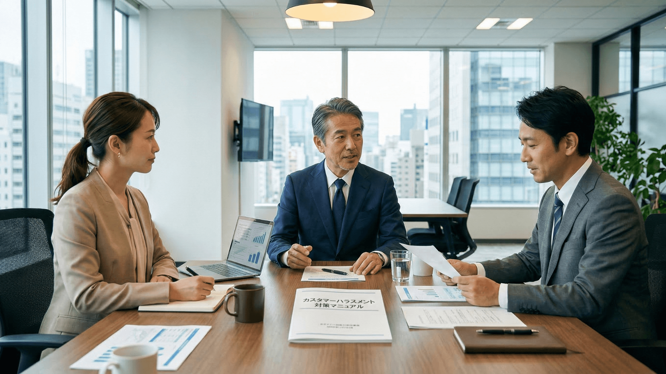 「カスタマーハラスメント対策マニュアル」を囲んで真剣に打ち合わせをする3人のビジネスパーソン。背景はモダンなオフィス。