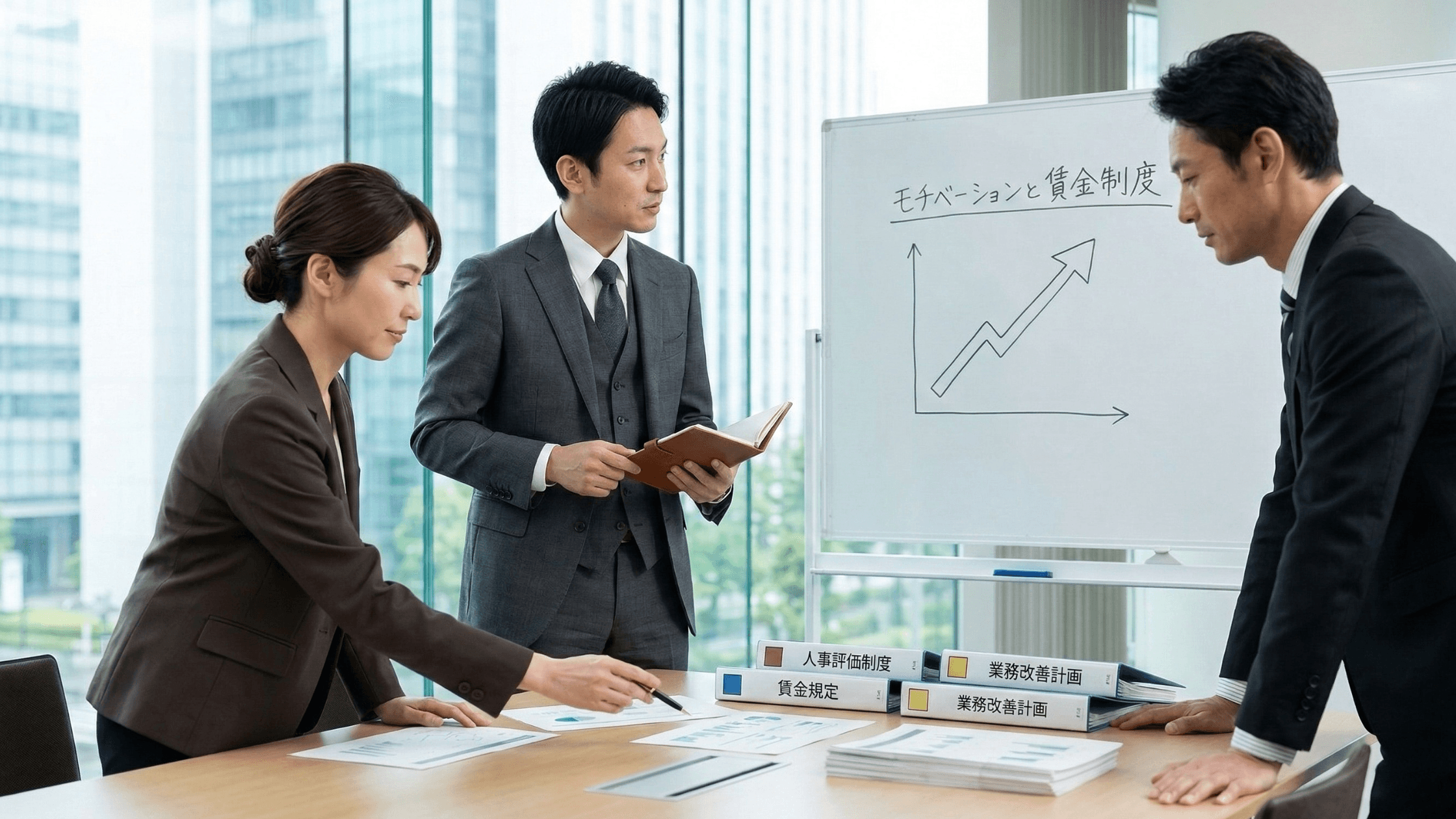 賃金制度の設計に不可欠なドキュメントを前に、専門家チームが具体的な計画を練っている様子。